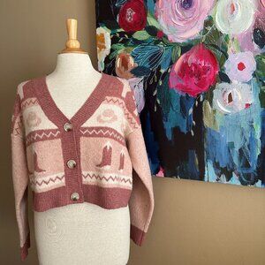 Debut Western Cowboy Boot Cardigan Sweater Pink Boho Cropped Size XS